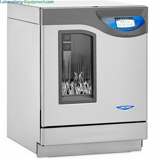 FlaskScrubber for narrow-neck and Erlenmeyer flasks heat up to 199° F (93° C) features a viewing window and an LED light; includes lower rack with 36 spindles