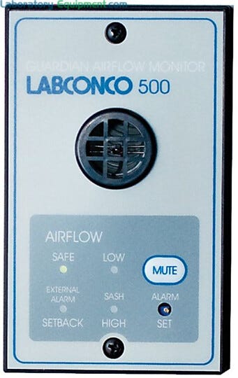 115V and 230V Guardian 500 Airflow Monitor by Labconco factory-prepared cutout on upper portion of Protector and Xstream Hoods; #9723213 and #9743214 | 3646-56 displayed