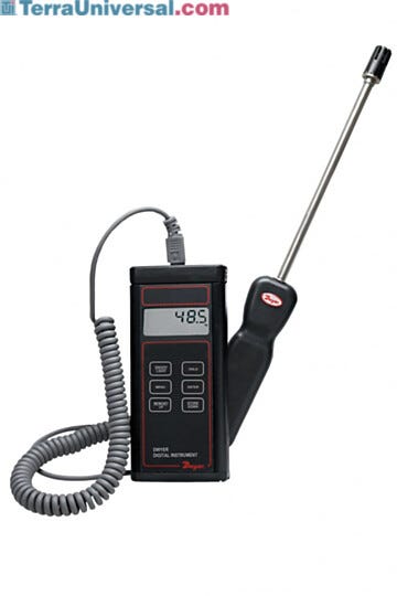 Hand-held Digital Hygrometer, measures % RH from 0-100% and temperature in °F or °C; calculates dew point and wet bulb temperature based on RH and temp readings | 3643-58 displayed