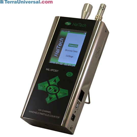 HPC601 6-Channel Handheld Laser Air Particle Counter simultaneously measures 6 user-configured particle sizes; accessories sold separately  |  1510-30A displayed