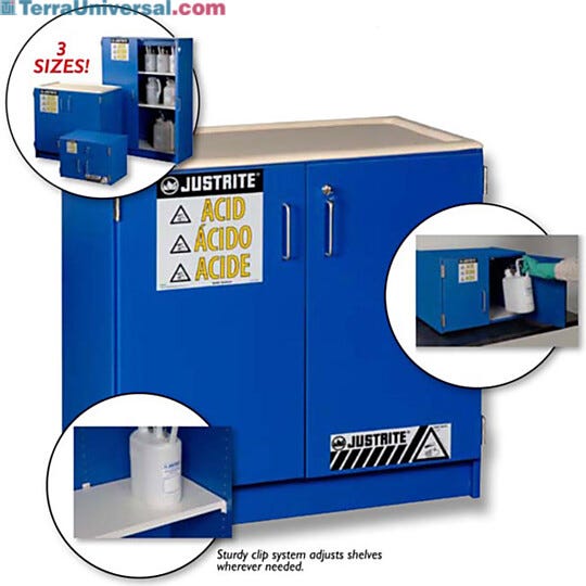 Wood laminate resists nearly all acids and corrosives and double key sets for extra safety and security; shelf clip system makes adjusting easy and convenient  |  3618-08 displayed
