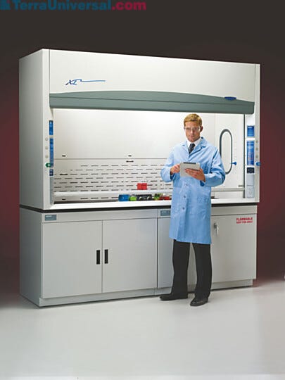 Protector XL Benchtop Laboratory fume hood by Labconco shown with optional storage cabinets | 3649-41 displayed