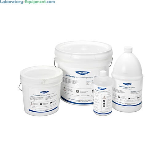 LabSolutions Powder Detergent, Low-Foaming Liquid Detergent, and Neutralizing Acid Rinse are specially formulated for Labconco SteamScrubbers and FlaskScrubbers  |  6921-PP-06 displayed