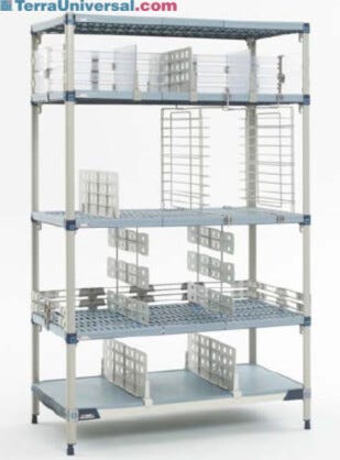 MetroMax Q Shelving Systems with open grid shelves and epoxy coated steel posts provide antimicrobial product protection