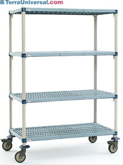 Four-tier cart with quick adjust shelves and removable polymer shelf mats, their open grid design allows air and light penetration  |  1534-33 displayed