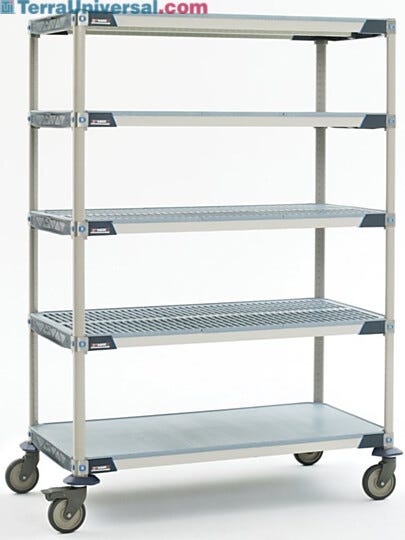 Antimicrobial five-tier cart with solid bottom MetroMax i shelf and polyurethane casters, ideal for placement in walk-in coolers  |  1534-44 displayed
