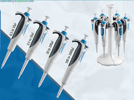 Starter kit NextPette Precision Pipettes Micro Set by Accuris includes four mechanical single-channel pipettes and a carousel stand | 2808-30 displayed