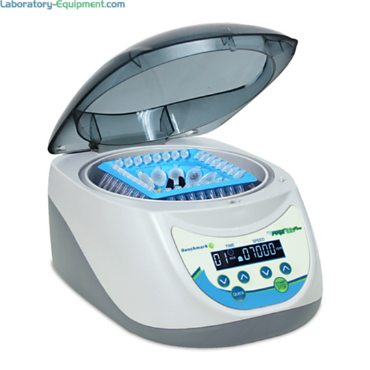 Compact MyFuge 12 Plus digital Centrifuges with COMBI-Rotor by Benchmark Scientific simultaneously spin 12 microtubes and 4 PCR strips; 115V and 230V models  |  2825-PP-04 displayed