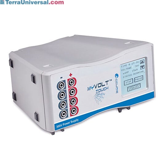 Accuris myVolt Touch Electrophoresis Power Supply with an auto-rotating LCD display features a 2 x 2 inch touchscreen control panel  |  2808-08 displayed