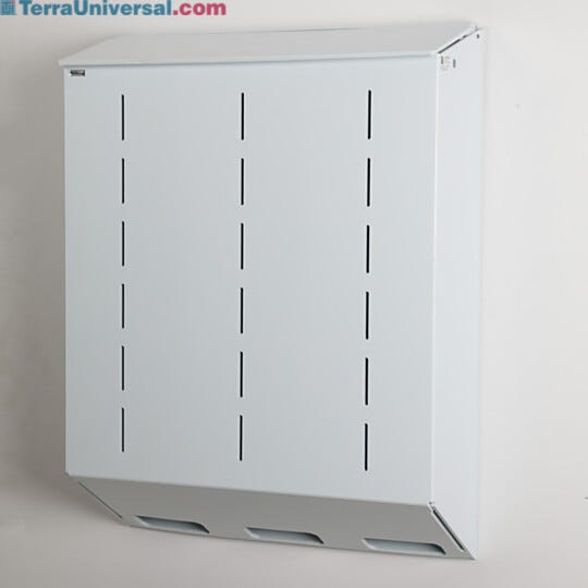 Polypropylene glove holder with 3 compartments, wall mount design and no catch basin, 24" W x 8" D x 32" H | 4952-77A displayed