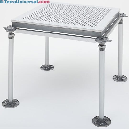 A 2'x2' sample of modular raised cleanroom flooring, perforated to optimize laminar airflow  |  6600-53 displayed