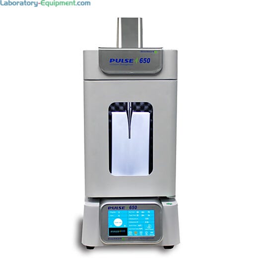 Pulse 650 Ultrasonic Homogenizer by Benchmark Scientific enables stacking of the sound proof enclosure and controller; processes samples from 0.1ml to 500ml | 5323-77 displayed