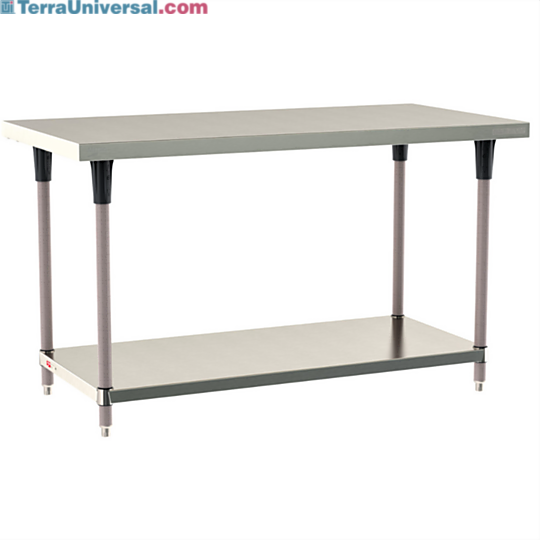 Standard 304 Stainless Steel TableWorx Work Tables with Microban antimicrobial Metroseal Legs and Under Shelf by Metro; additional sizes and mobile options  |  1543-PP-02 displayed