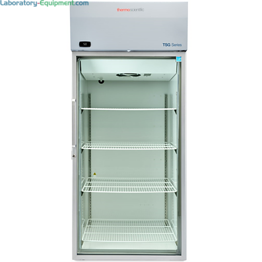 Energy-efficient 29.2 cu. ft. TSG3005GA Glass Door Lab Refrigerator by Thermo Fisher Scientific with a 2–8°C temperature range includes casters and shelves