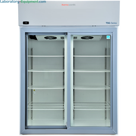 Energy-efficient 45.8 cu. ft. TSG4505GA Sliding Glass Doors Lab Refrigerator by Thermo Fisher Scientific with a 2–8°C range includes 4 casters and 8 shelves