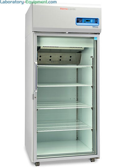 Single-glass door 827L TSX High-Performance Refrigerator by Thermo Fisher Scientific includes 4 shelves and casters; GMP Clean Room Class A/ISO 6 compatible  |  1621-09 displayed