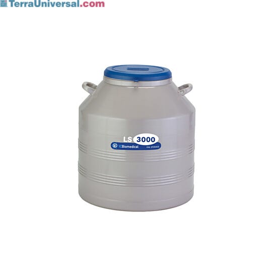 TW LS3000 Cryogenic Refrigerator has an 81L liquid or vapor LN2 capacity and an aluminum body with magniformed necktube; stores 3000 2ml vials  |  6900-10 displayed
