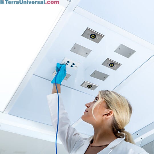 Keep utilities overhead and work areas clear with a 2'×2' polypropylene utility ceiling panel with eight configurable, covered ports  |  6706-09 displayed