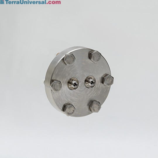 Stainless steel vacuum feedthrough panel with two compression-style 2-pin terminations  |  5235-62 displayed