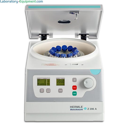 Hermle’s Z206 compact centrifuge, with maximum speed of 6,000 rpm, holds tubes in swing-out or angle rotors  |  2823-51 displayed