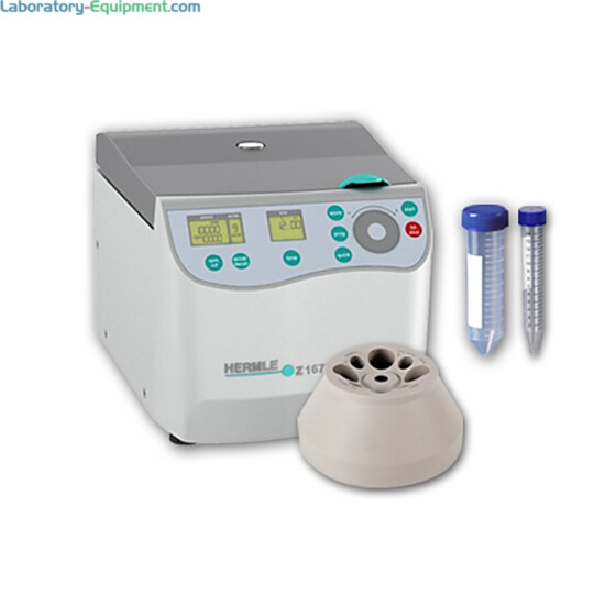 Z207-A CMB Compact Centrifuges with a Combination Rotor by Hermle for tissue culture feature an EZ-Scroll control panel and an advanced microprocessor  |  2823-PP-16 displayed