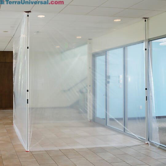 Spring-loaded ZipWall poles with clear plastic sheeting create effective dust containment barriers to protect clean areas and sensitive equipment  |  6603-98 displayed