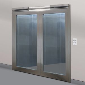 Door, Pre-Hung; Automatic Double Swing, 72" W x 81" H, BioSafe®, CleanSeam™ 304 or 316 Stainless Steel Frame, Tempered Glass Window, Full View