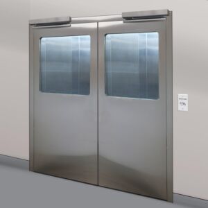 Door, Pre-Hung; Automatic Double Swing, 72" W x 81" H, BioSafe®, CleanSeam™ 304 or 316 Stainless Steel Frame, Tempered Glass Window, Partial View