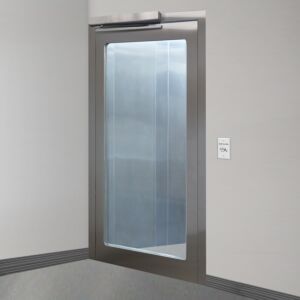 Door, Pre-Hung; Automatic Single Left Swing, 36" W x 81" H, BioSafe®, CleanSeam™ 304 or 316 Stainless Steel Frame, Tempered Glass Window, Full View