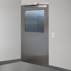 Door, Pre-Hung; Automatic Single Left Swing, 36" W x 81" H, BioSafe®, CleanSeam™ 304 or 316 Stainless Steel Frame, Tempered Glass Window, Partial Vie