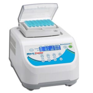 Benchmark Scientific’s Multi-Therm™ Vortexer provides temperature controlled mixing at speeds up to 1500 rpm | 2824-01 displayed