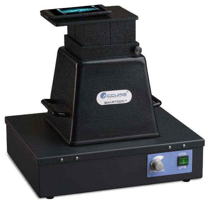 Gel imaging system; works with a smart phone to capture photos. Photo: Accuris