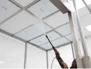Power wash spray-down sterilizes Tempered Glass Cleanroom